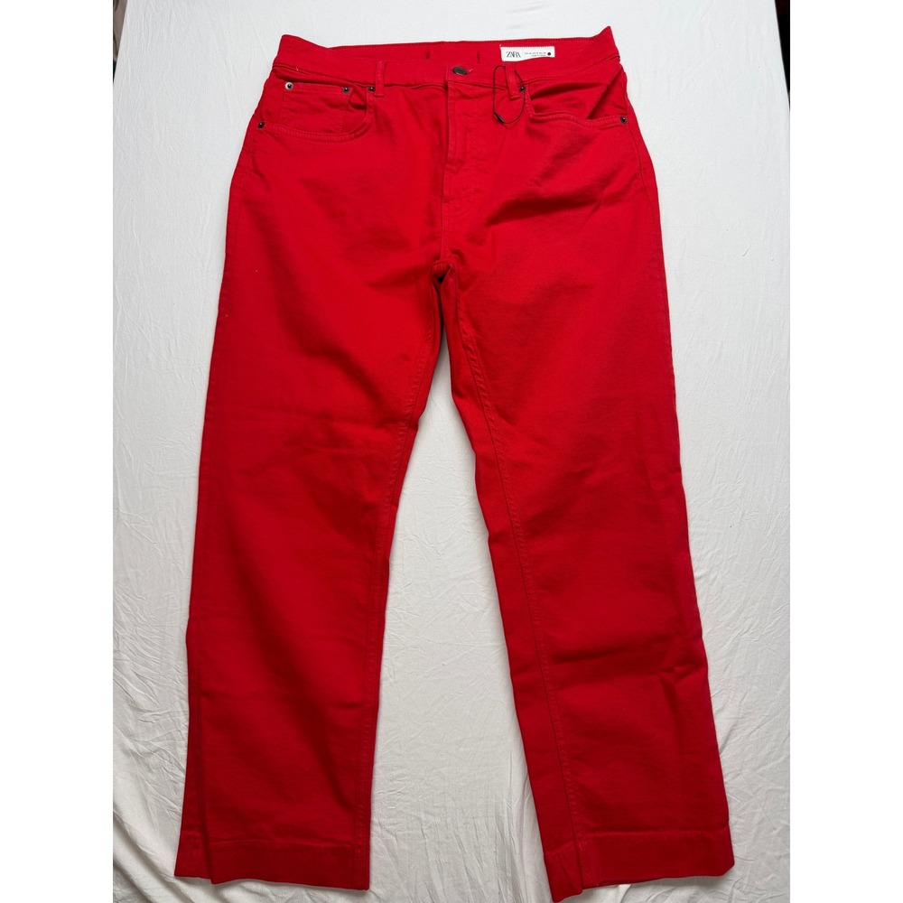 Zara Womens Red Straight Leg Denim Jeans High Rise Size 10 Red Twill Pants